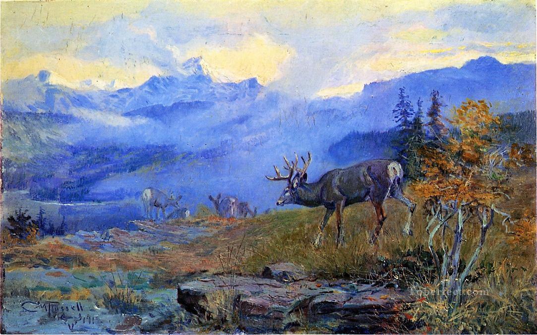 放牧する鹿 1912年 チャールズ・マリオン・ラッセル インディアナ州のカウボーイ油絵
